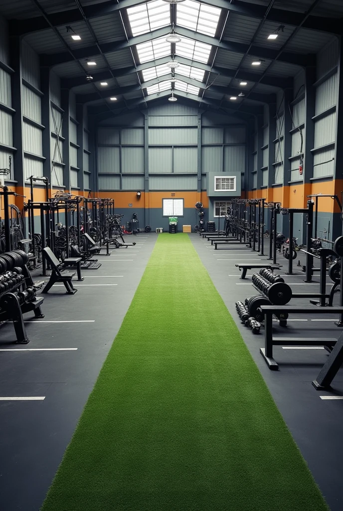 Gym warehouse measuring 40 meters long and 10 meters wide, divided horizontally by grass and rubber and only has three machines , pulley,cage and bench.
Add 2 bars 15 discs 10 dumbbells 1 ball 2 boxes 1 power cage Horizontal grass that divides the spaces not in half Cones and stops Trx Step