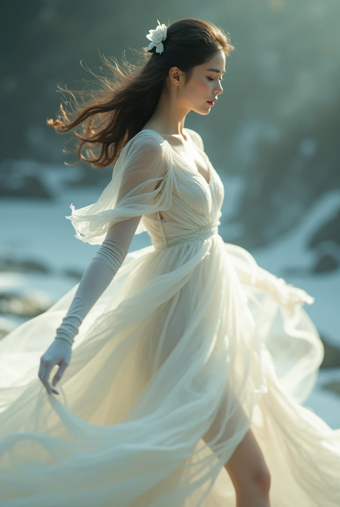 (Photo realistic:1.55), masterpiece, Best Quality, oftallado, blurry, depth_of_field, blurry_bottom, blurry_foreground, 1 girl, gloves, white_gloves, dress, motion_blur, Photo_(half), Alone, white_dress