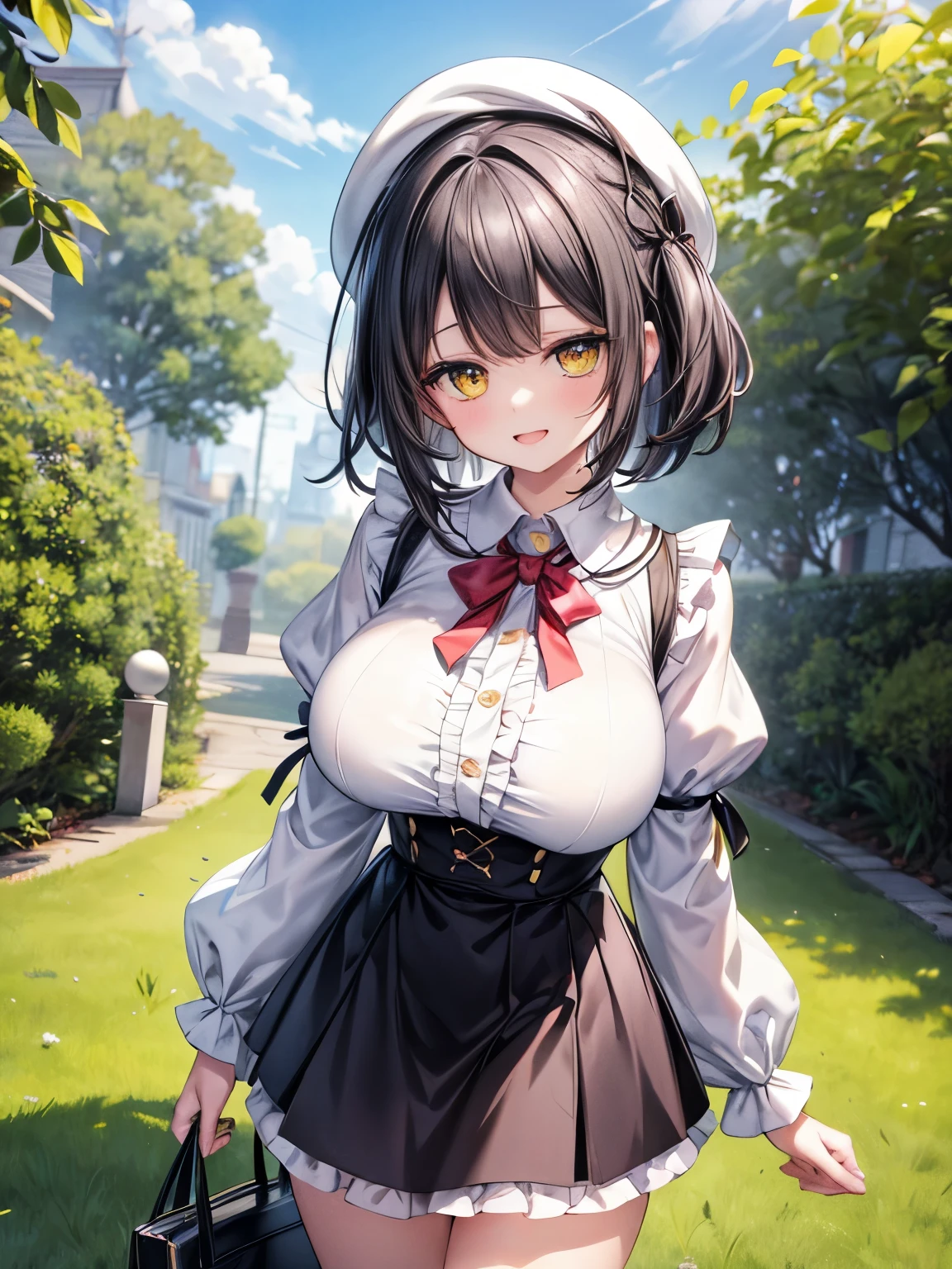 Highest quality,Ultra-high resolution,Super detailed,(gigantic breasts),Detailed beautiful eyes,(Black Hair,Short Hair,2 side up,Yellow big eyes),jitome,A very happy smile,Open your mouth wide,View Viewer,BREAK,(White blouse,Button-up blouse,Juliet Sleeve,Red frill tie,High Waist Skirt,beret),garden,Grass Square,street tree,blue sky,Pull up your skirt