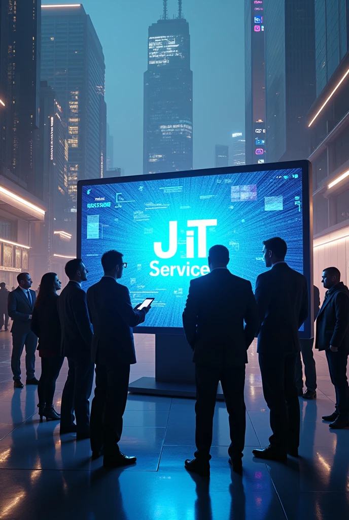 In the center of modern world and technologically advanced town, a large monitor screen reads Chust IT Service, many famous people, movie stars are looking at all the monitors.
