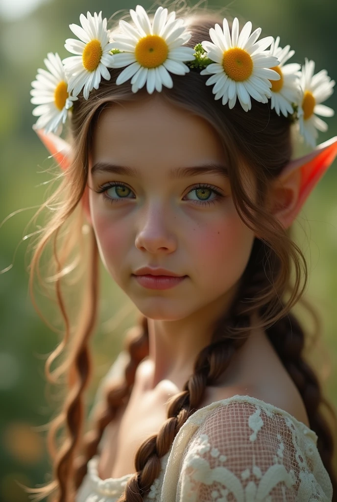 Super detail beautiful elf-girl 20 years old. wearing a flower crown of mainly Daisies UHD, 4k, 8k, cinematic
