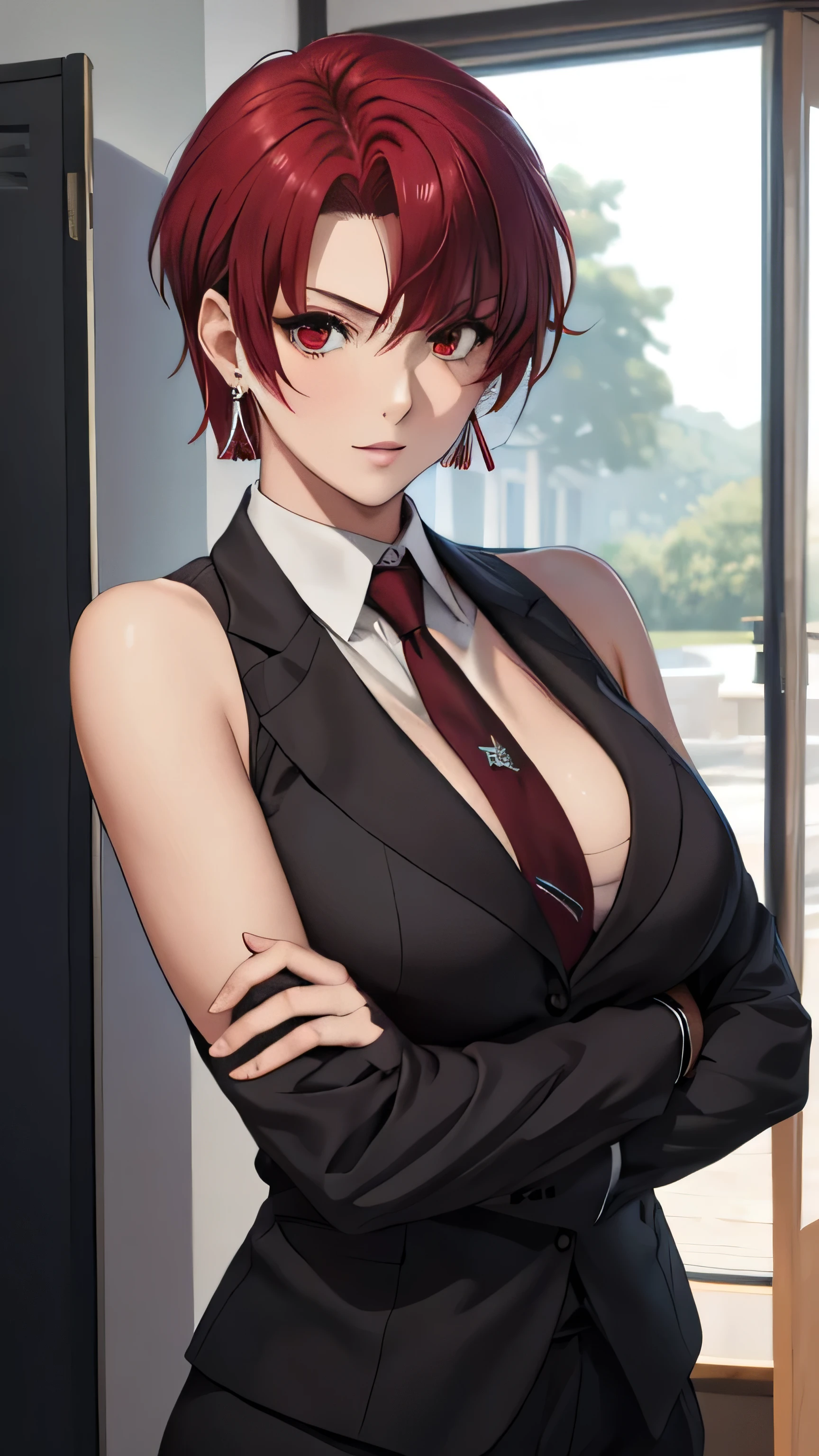 (masterpiece, best quality:1.2), bazett, fgo, 1girl, solo, short hair, red hair, bangs, red eyes,  large breasts, black gloves, formal suit, necktie, jacket, upper body, earrings, sleeveless,boxing stance