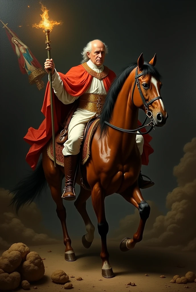 masterpiece, realist, old painting, Renaissance style, visual impact, high contrast, black dark background, (Miguel Hidalgo) hero of Mexico's independence, man with white hair and bald, on a beautiful horse, and shocking look, holding a torch,and a standard of the virgin,(the noble priest), ,Traces of war are visible,, high quality, lights and shadows rembrant style, tenebrismo, Caravaggio, (the priest Miguel Hidalgo)