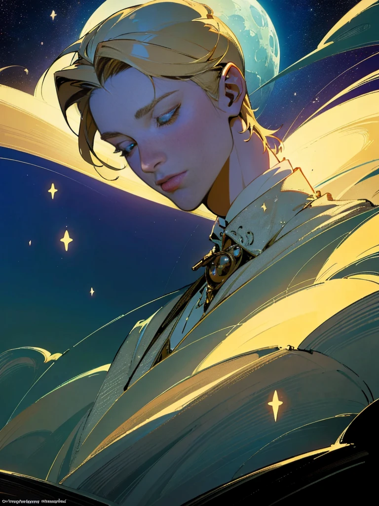 (masterpiece,top-quality,top-quality,Detailed and complex,official art,aesthetically pleasing:1.3),(male),(Link),(realistic art:1.3),blonde hair,(moon,stars,celestial,ethereal,surreal,fantasy,cinematic lighting,background),chiaroscuro,intricate details,striking composition,elegant,regal,mesmerizing