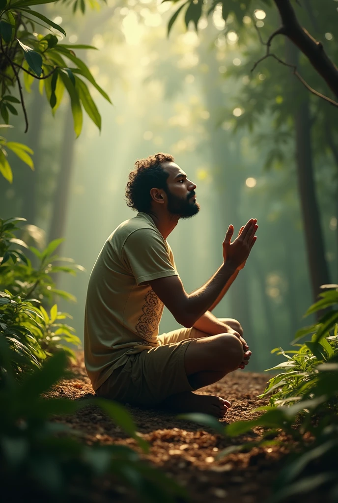 A man siting on jungle wearing a t shirt name raja and pray lord jagannath