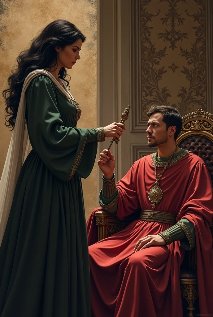Queen of faith with dark hair touching the tip of the small Scepter of the king who is sitting on his throne pointing at her on the wall in the background tapestry 
