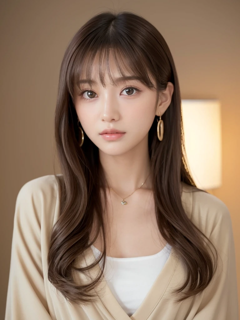  ((Highest quality, 8k, masterpiece:1.3)), concentrate: 1.2, Perfect body beauty: 1.4, Hips: 1.2, ((Long Hair, chest: 1.2)), (Dry clothes: 1.1) , (clear, Simple Background:1.3), Simple clothes: 1.1, Highly detailed face and skin texture,Delicate eyes, double eyelid, Whitened skin, Rough skin、Long Hair、bangs、Simple earrings、necklace、 solo、Beige coat、White shirt,  (((Cute and beautiful Japan)))、  ((Beautiful 20-year-old Japanese))、 ((Baby Face))、 (((Slender body)))、  Upper Body，Face focus、necklace，Simple Background，From above， Realistic Hair、 A photograph was taken:Canon EOS R6、135mm、1/1250 seconds、f2.8、ISO400、(Detailed explanation of the hand)、(Masseter muscle area)、(Exquisite CG)、Long Hair, loose and curly hair、Korean Hair、Long Hair明るいベージュ色、グラデーションハイライトグレージュのゆるふわLong Hairスタイル、