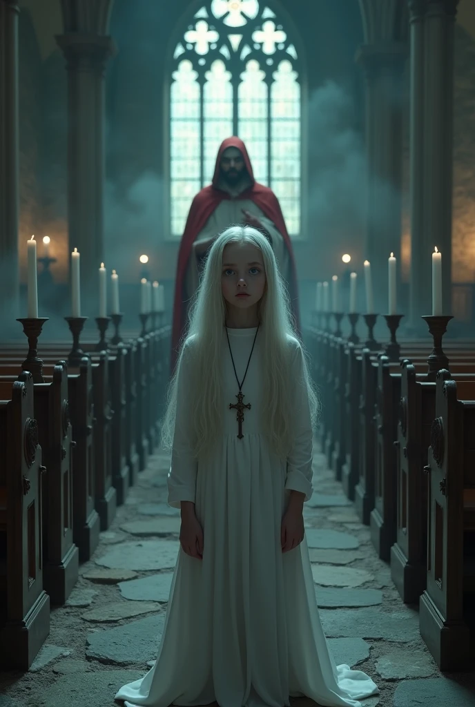 Young albino girl with long white hair, From the Middle Ages, realisitic, blue eyes white nun clothes, with a cross necklace and a look of fear in front of a carriage in a Villa at night with torches, with a scary red bishop behind details.
