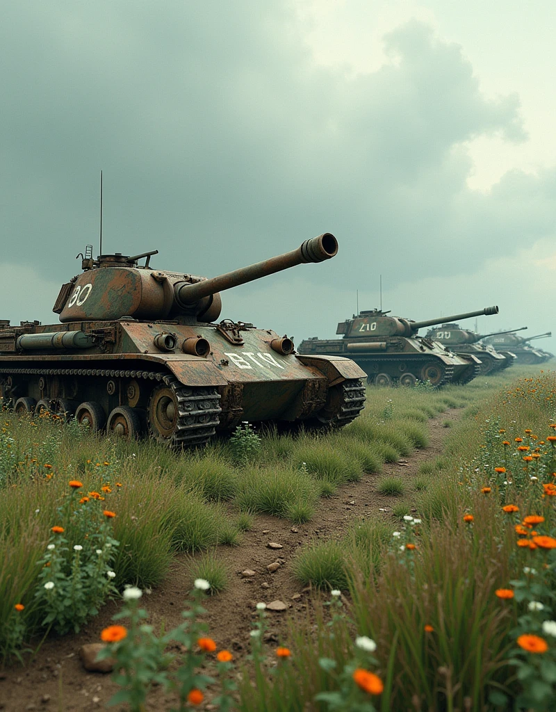 Tanks are abandoned at the battlefield。The tanks are dilapidated and rusty.、Place々Grass is growing on。There are many flowers blooming around the tank.、Quietly watching over and healing those who have finished fighting.。