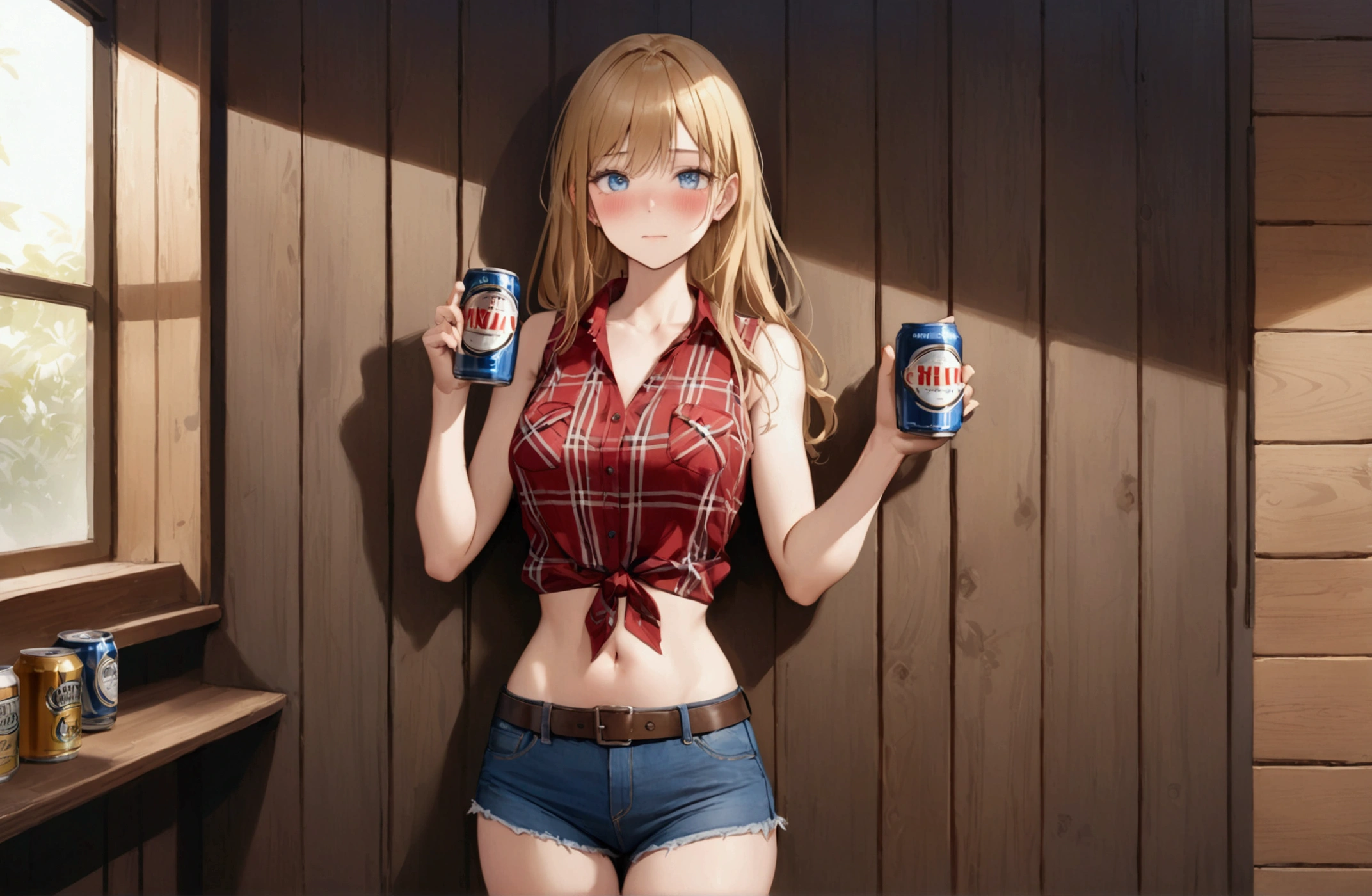 Woman with long blonde hair, blue eyes, Athletic build, Red plaid sleeveless collared cowgirl shirt, clock, Navel exposed, Denim hot pants, Brown belt with oval buckle, Please stand up straight, Drunk,Blushed face,In front of a wooden wall,can of beer,Front view,Cowboy Shot,16K, Highest quality, masterpiece, Realistic, detailed