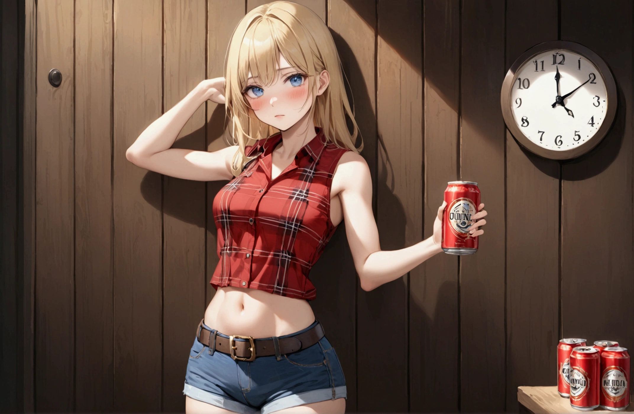 Woman with long blonde hair, blue eyes, Athletic build, Red plaid sleeveless collared cowgirl shirt, clock, Navel exposed, Denim hot pants, Brown belt with oval buckle, Please stand up straight, Drunk,Blushed face,In front of a wooden wall,can of beer,Front view,Cowboy Shot,16K, Highest quality, masterpiece, Realistic, detailed