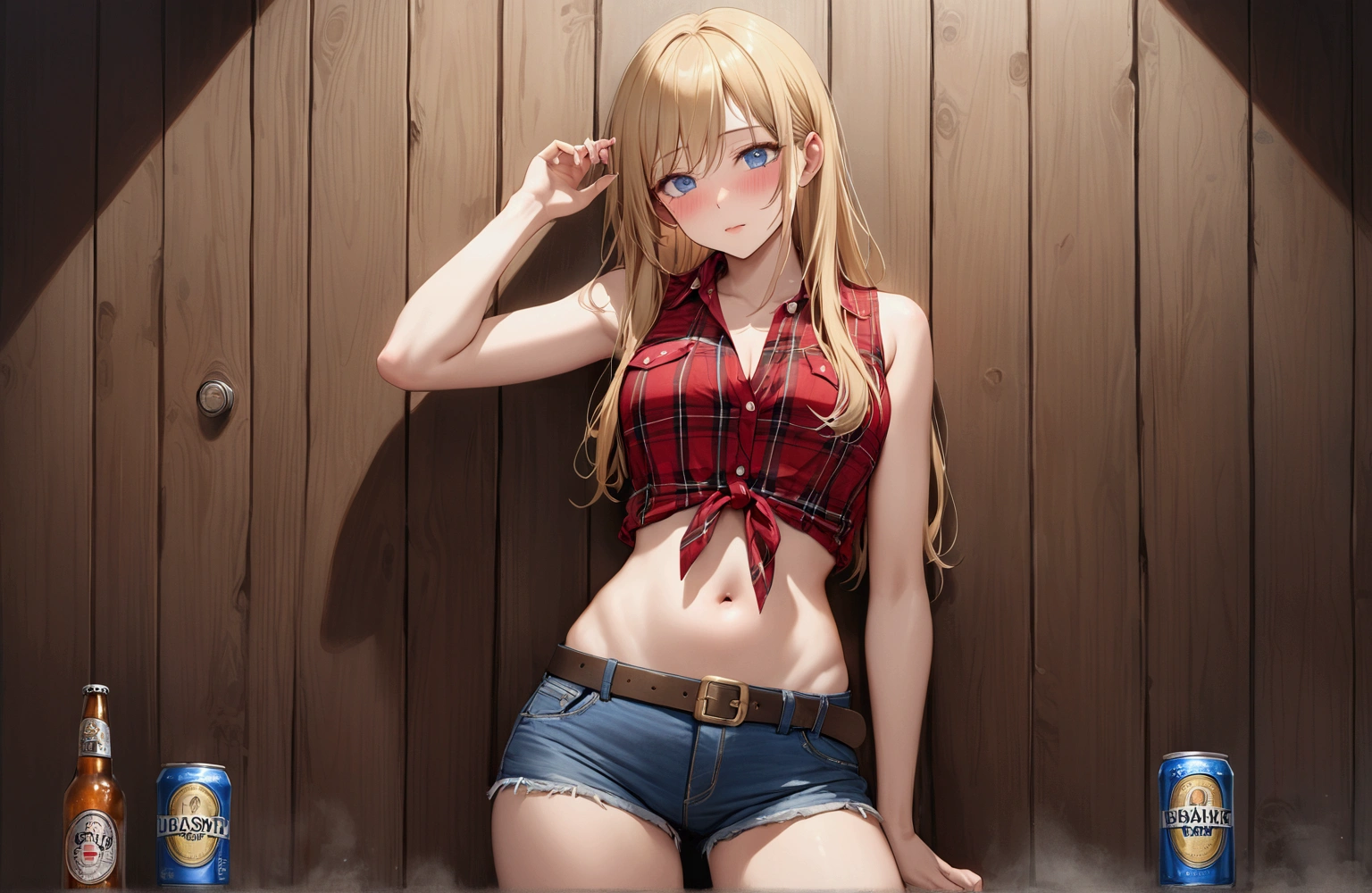 Woman with long blonde hair, blue eyes, Athletic build, Red plaid sleeveless collared cowgirl shirt, clock, Navel exposed, Denim hot pants, Brown belt with oval buckle, Please stand up straight, Drunk,Blushed face,In front of a wooden wall,can of beer,Front view,Cowboy Shot,16K, Highest quality, masterpiece, Realistic, detailed