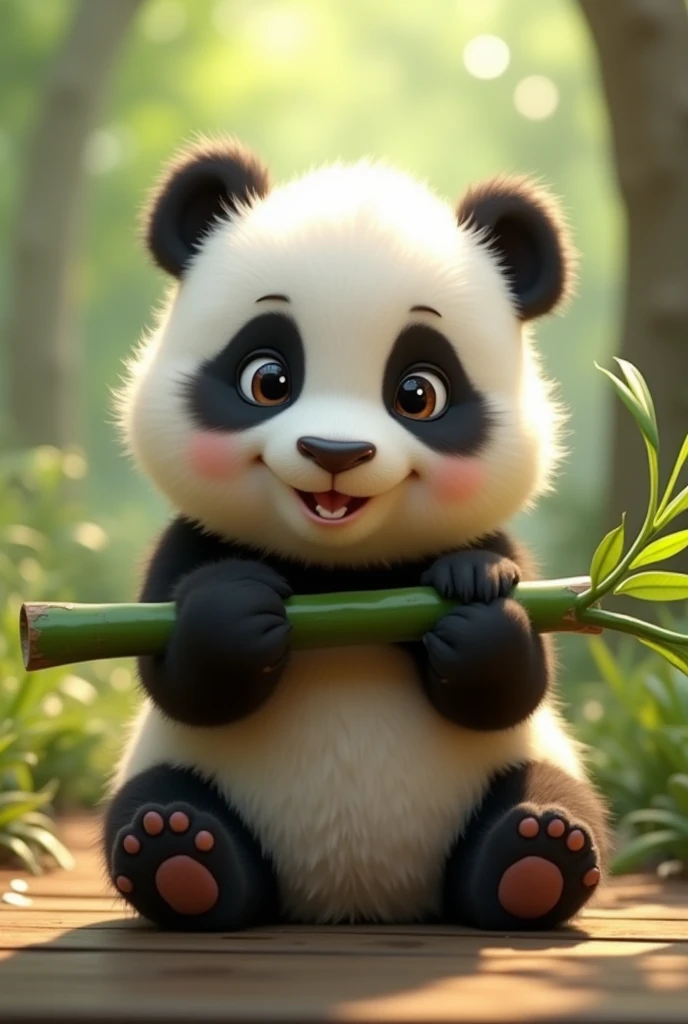 I need you to design me an animated image of a baby panda (that is tender) seated, holding a bamboo branch horizontally (speaker shape) in a frontal shot where you can see that the panda is eating the bamboo and you can see the little fangs