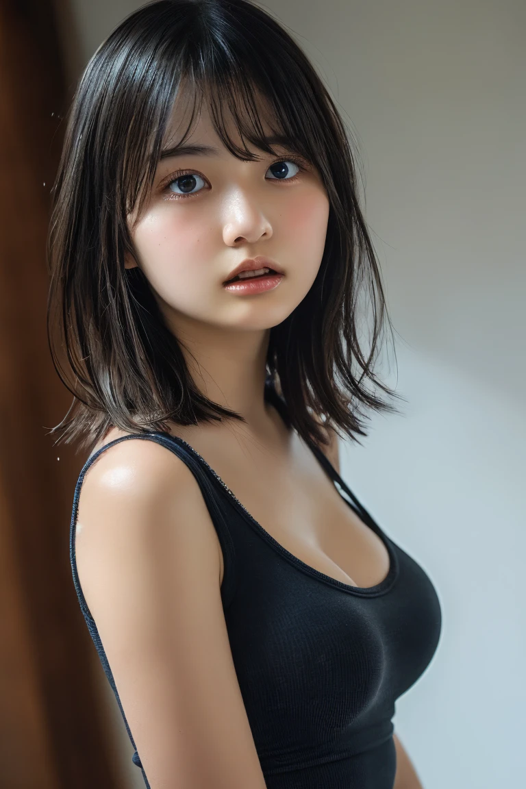 15yo girl, Black bob cut,tanktop, large breasts,(tight wear:1.4),Subdued lighting effect,Subdued lighting effect,bursting breast,Highest quality,Ultra-high resolution,1 person,Black hair, cool expression,Looking into the camera,Beautiful and elaborate face,Fine and beautiful skin,Standing pose