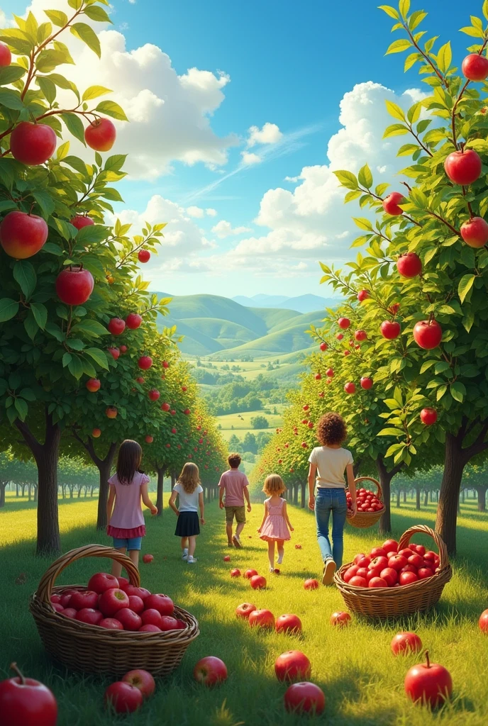 "A 4K realistic photograph capturing a vibrant apple orchard during harvest season. The scene features people of different ages, including children and adults, picking ripe, red apples from lush, green trees. The sunlight filters through the branches, casting a warm, golden glow across the orchard. In the background, rolling hills and a clear blue sky with a few fluffy clouds enhance the beauty of the landscape. The ground is dotted with fallen apples and baskets filled with freshly picked fruit