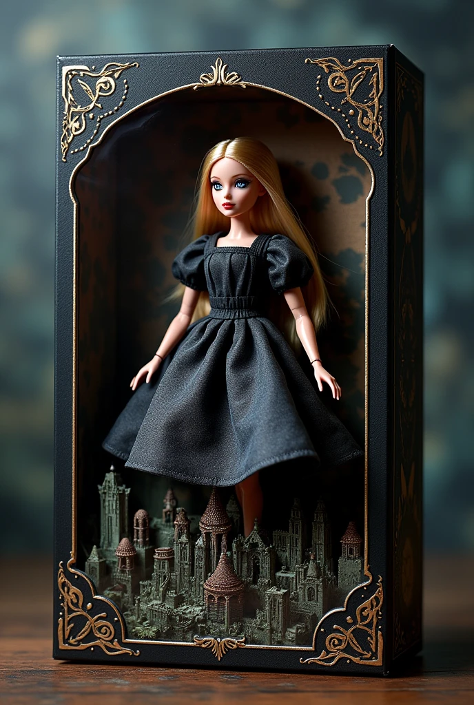 Custom Barbie doll with Alice Madness Returns motif, in the style of a dark fantasy from the 80s. The doll will be inside a black box made of cardboard.. At the bottom of the box and behind the doll, It must be illustrated with a gothic image of the landscape from the video game Alice Madness Returns. The box should be in a romantic gothic style and should have a clear acetate lid on the front so the doll can be displayed. 