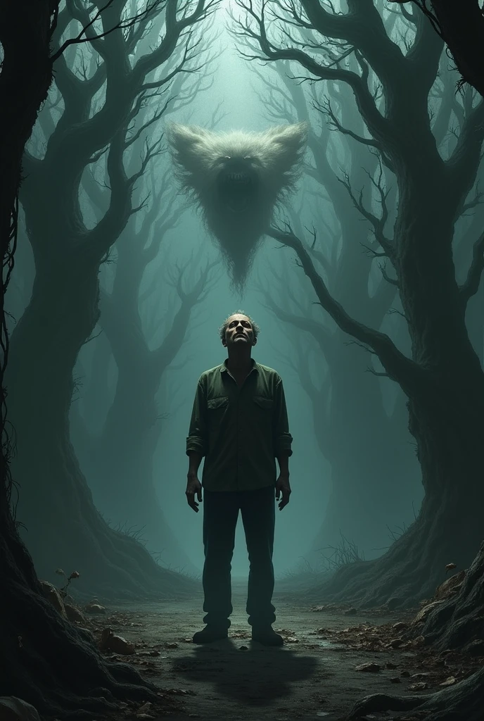 A depressed man in a dark forest being attacked by his fears and frustrations
