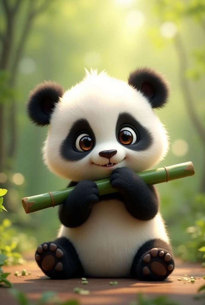 I need you to design me an animated image of a baby panda (that is tender) seated, holding a bamboo branch horizontally (speaker shape) in a frontal shot where you can see that the panda is eating the bamboo and you can see the little fangs