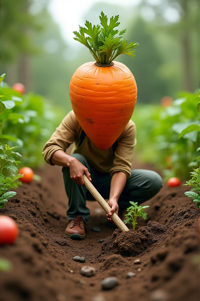 A man with a carrot head is digging a hole to plant his own carrot.