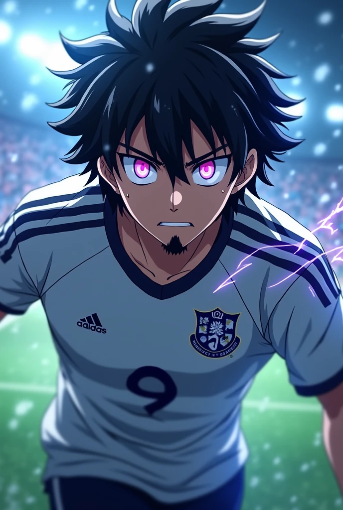 Create a football player with black wavy hair, wears a goatee and has the number 9 on his shirt, on his shirt it says ICE, he has in an attacking action position, make it in anime format, he is a serious player and he is 2, behind him there is a blurred field, His eyes glow purple and strands of energy come out, his face is the same as Sung Jin Woo's face