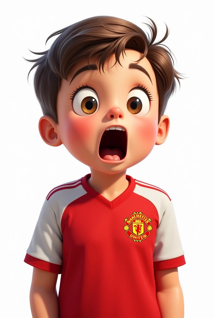 Illustration: A cute boy wearing a Manchester United shirt shows a shocked expression in a realistic and funny style on a white background.
