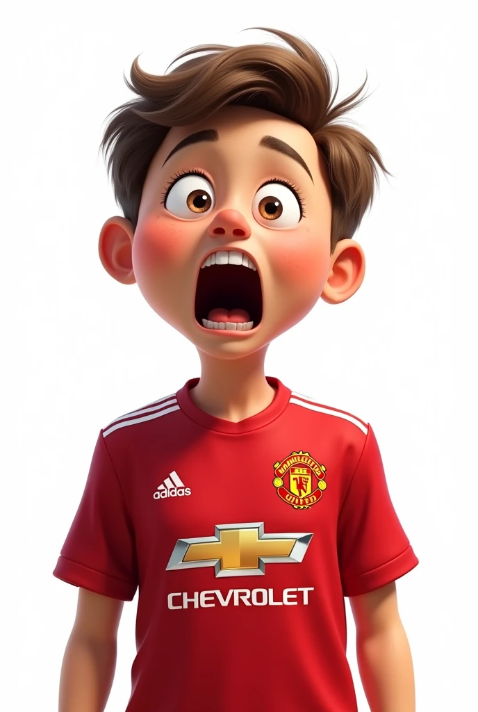 Illustration: A cute boy wearing a Manchester United shirt shows a shocked expression in a realistic and funny style on a white background.