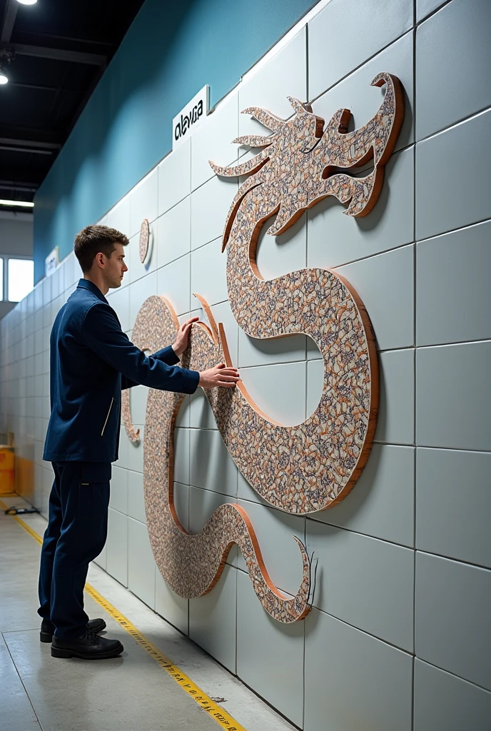 WorldSkills competitor tiling a wall with patterned designs on square tile sheets cut into a dragon design in a competition