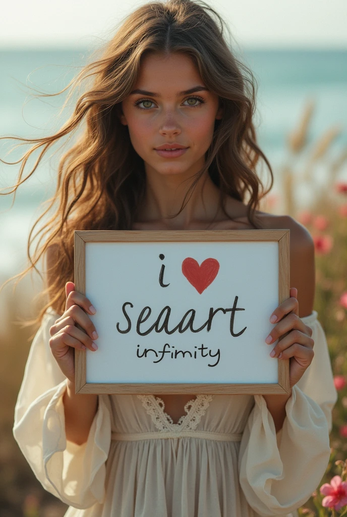 Beautiful girl with wavy long hair, bohemian dress, holding a white board with text "I Love Seaart Infinity" and showing it to the viewer