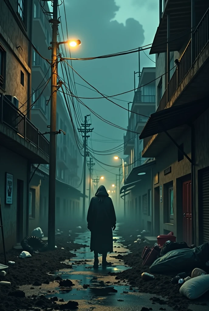 "A dark, desolate urban landscape at night, with dim streetlights barely illuminating narrow alleys and abandoned lots. A sinister figure lurks in the shadows, exuding menace and control. The scene should evoke fear, tension, and isolation, with gritty textures and cold colors. In the background, dilapidated buildings and trash-strewn vacant lots hint at the harsh realities of life in the city's forgotten corners."