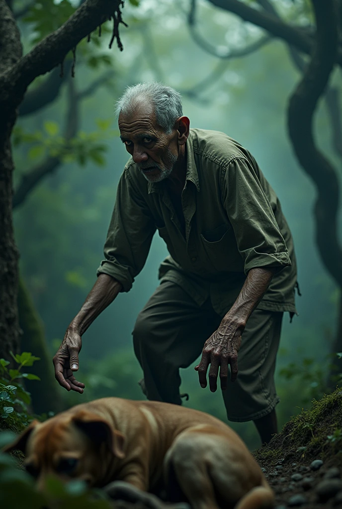 photography of a 90 year old Indonesian grandfather dressed in shabby clothes turning into a zombie in the middle of a mystical forest, his eyes glowing scary while eating a dead dog.