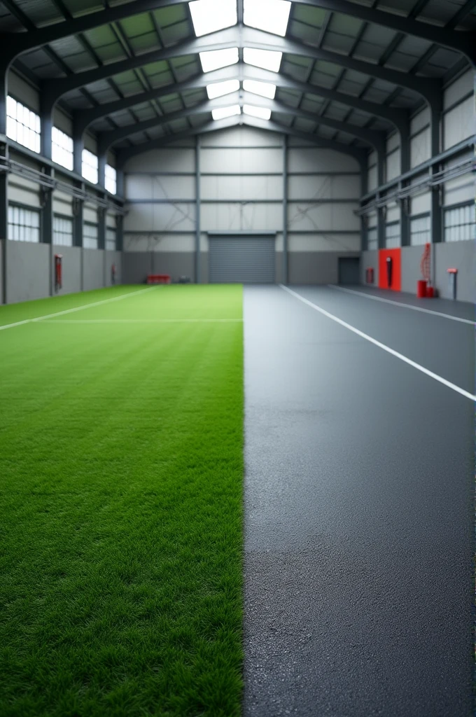 A 40 x 10 meter warehouse is divided horizontally between grass and rubber for a gym