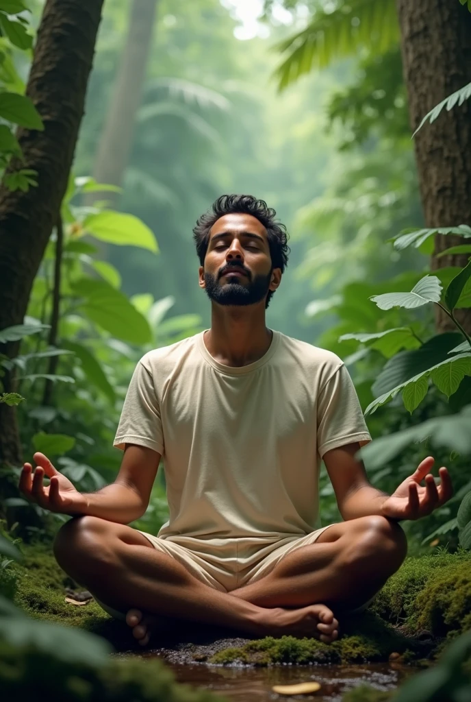 A man siting on jungle wearing a t shirt name raja and pray lord shree krishna