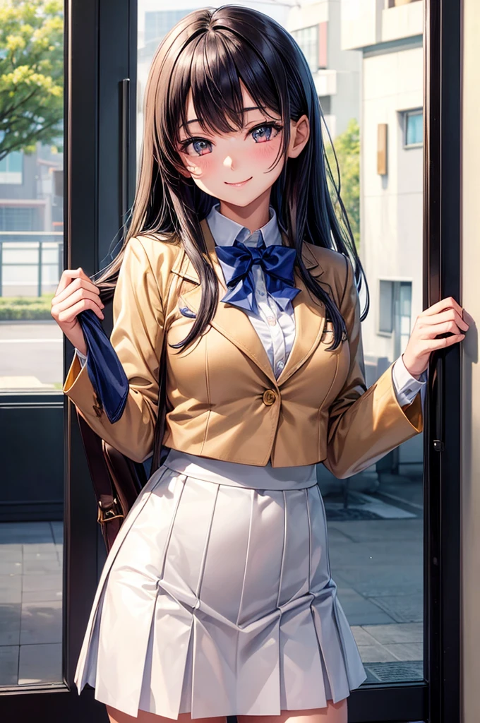 master piece , best quality , ultra detailed, Japanese, cute,
1girl, smile, 17yo, school uniform, blazer, medium breasts, swept bangs, cowboy shot, gravure