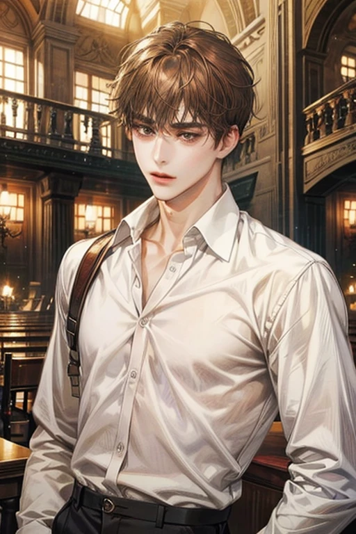 male, delicate, white shirt clothing, library, Brown hair, black eyes