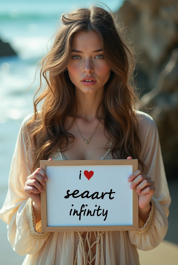 Beautiful girl with wavy long hair, bohemian dress, holding a white board with text "I Love Seaart Infinity" and showing it to the view 