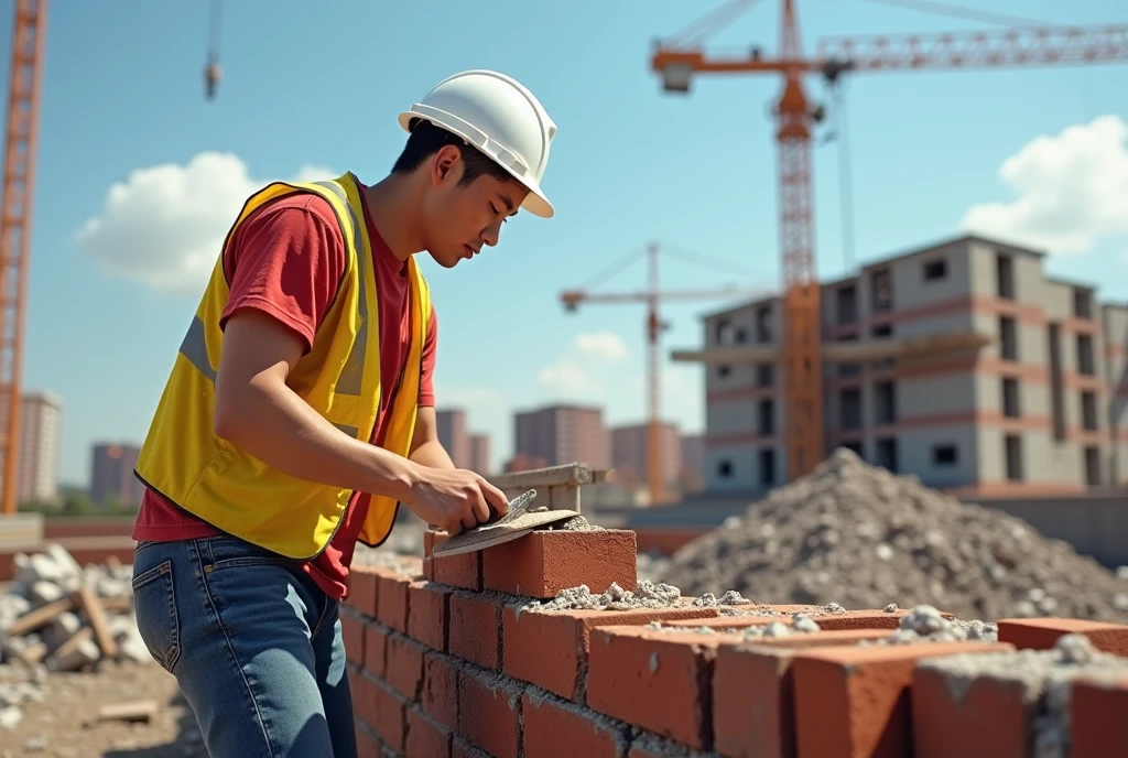 High Resolution, Masterpiece, Accurate, Detail, High Quality, Realistic photo. A 30 year old asian husband, short hair, white skin, height: 160 cm, weight: 55 kg.The image shows a construction worker at a construction site. He is wearing a white hard hat, a red t-shirt, a yellow safety vest, and blue jeans. He appears to be working on a brick wall, as he is using a trowel to build a brick structure. The brick wall is made up of red bricks and is in the process of being built. In the background, there is a brick building under construction, with a pile of rubble and other construction materials scattered around. The sky is blue and there are a few clouds in the sky. The worker is focused on his work and seems to be focused on the task at hand.