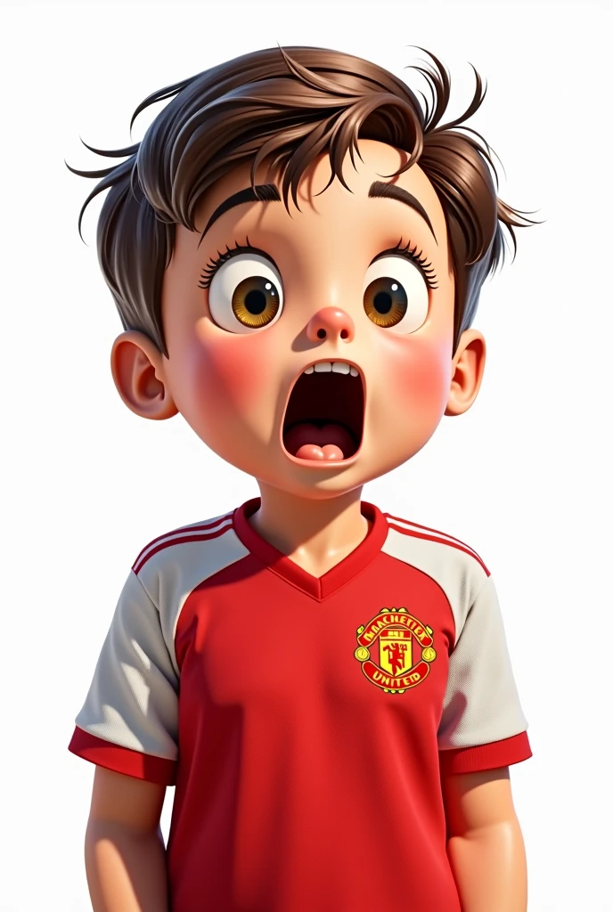 Illustration: A cute boy wearing a Manchester United shirt shows a shocked expression in a realistic and funny style on a white background.