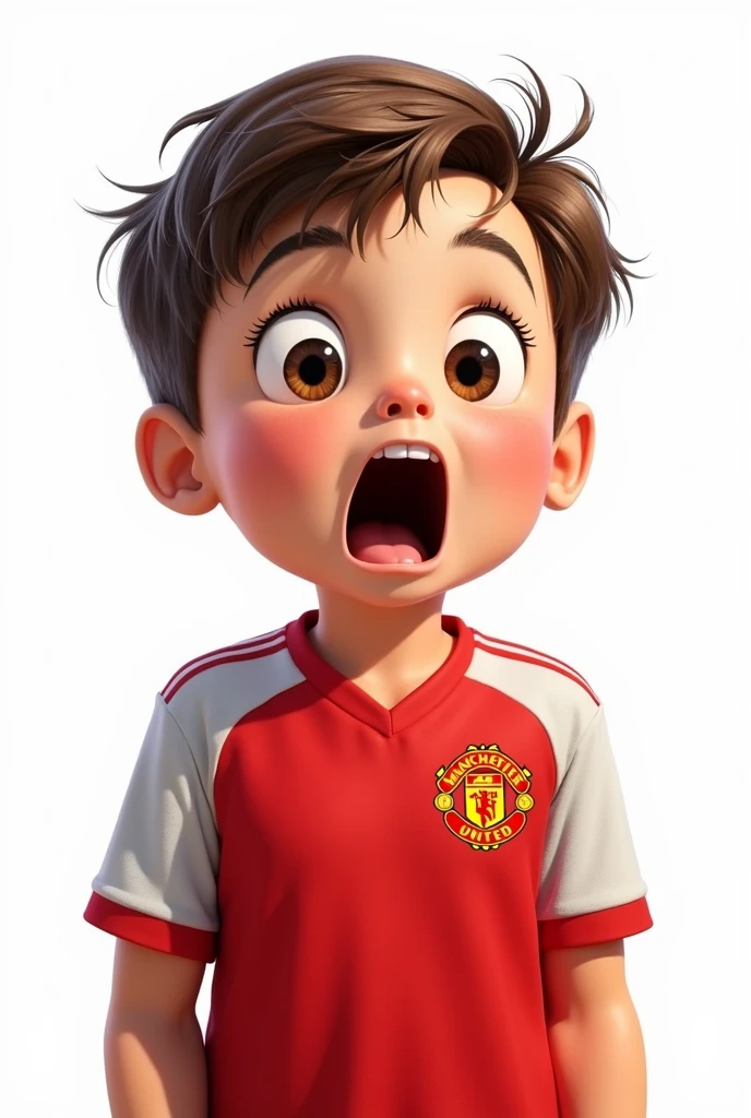 Illustration: A cute boy wearing a Manchester United shirt shows a shocked expression in a realistic and funny style on a white background.