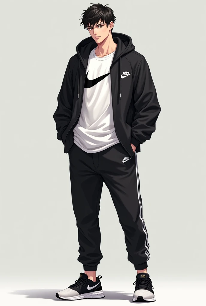 Make a handsome white anime boy with a white adidas shirt underneath of full to fit black Nike hoodie with which tick , and black pants of Gucci , abs on the body , with black tick white Nike sneakers