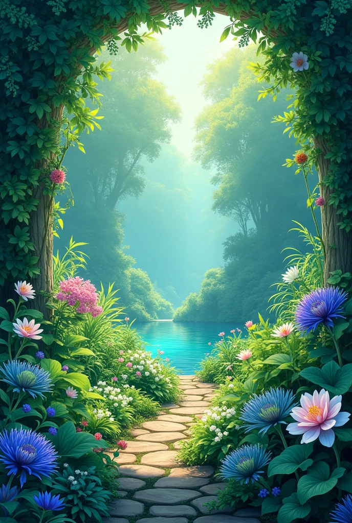 garden full of emerald flowers,  cyan blue color with purple, lush garden, Tranquil, relaxante