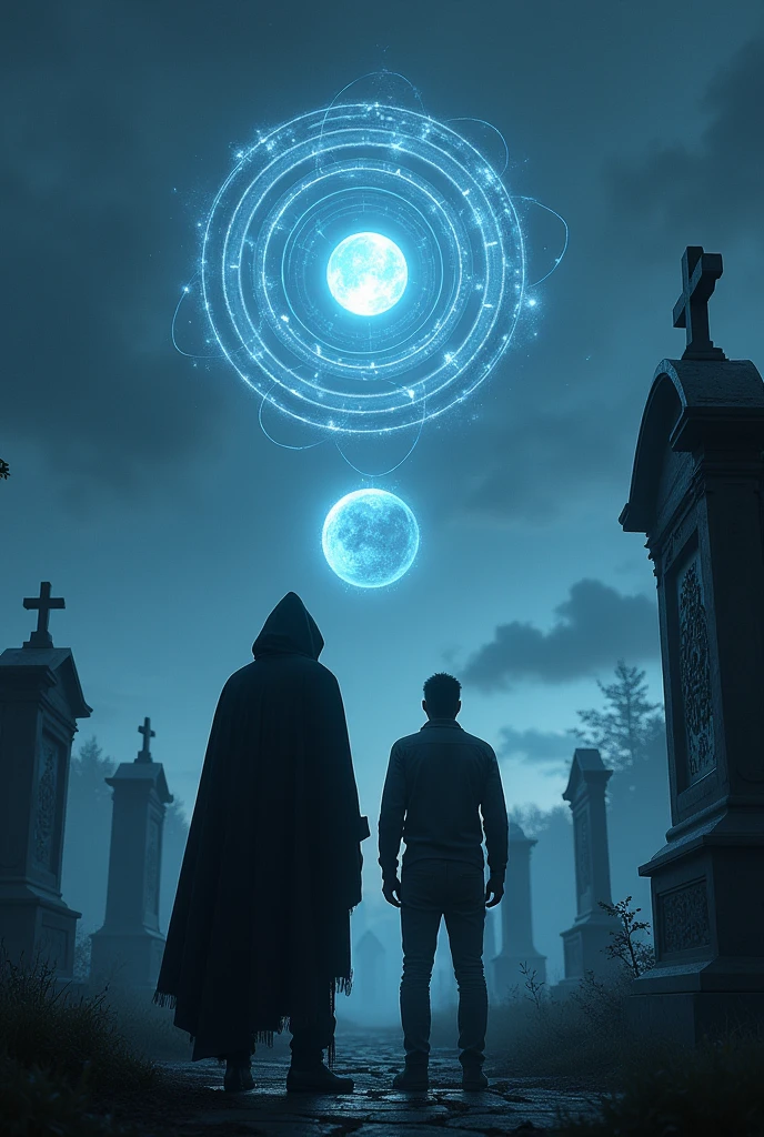 Two men one with a hood, watching from a cemetery at three holograms seen in the night sky, A hologram is shaped like an atom with its circular orbits, another hologram of a sphere with thorns coming out and the third of a planet with orbits


