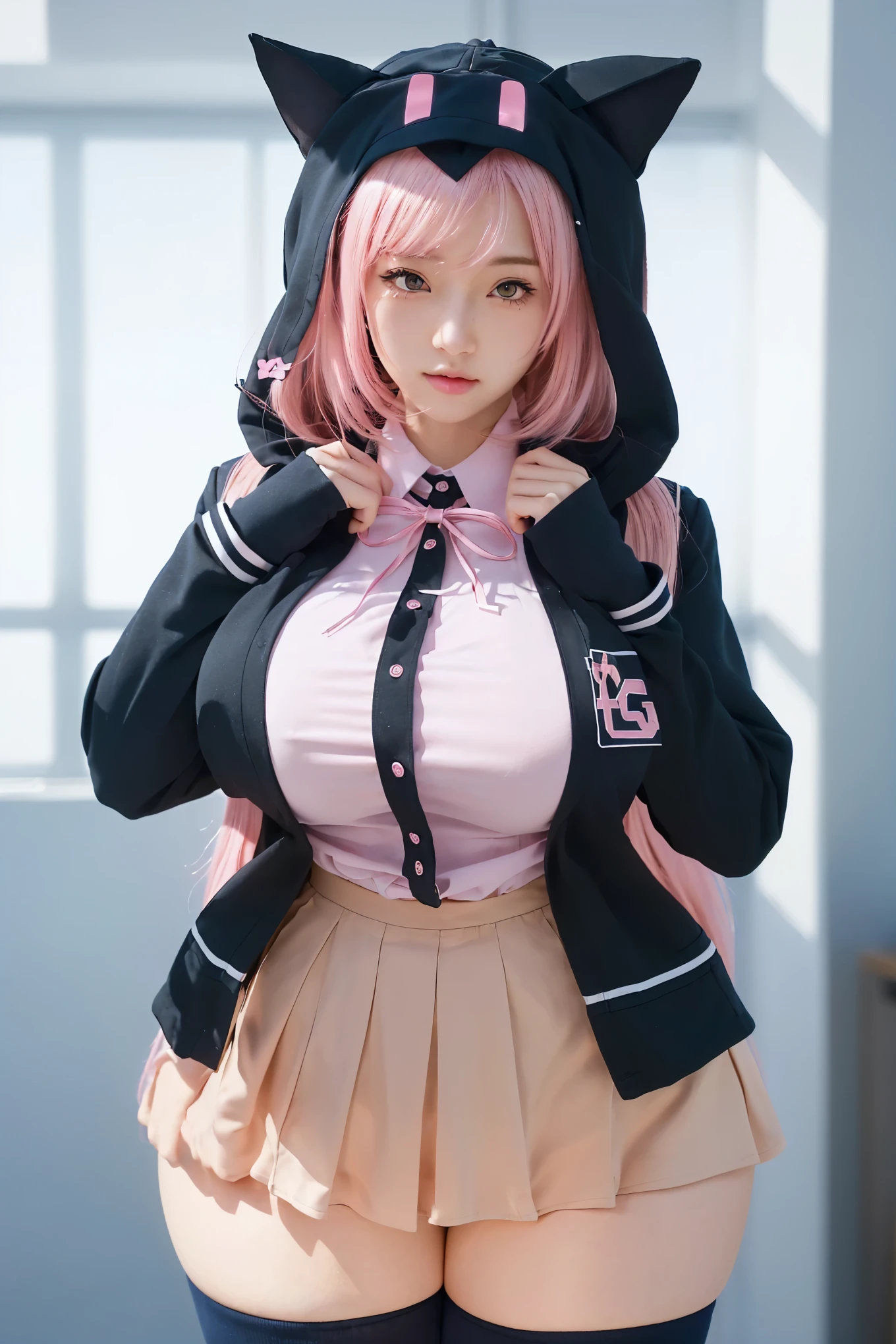 girl with pink hair and a cat ears in a school uniform, realistic schoolgirl, beautiful high school girl, school girl, hyperrealistic schoolgirl, a hyperrealistic schoolgirl, seductive girl, marin kitagawa fanart, smooth cg art, moe artstyle, cyber school girl, cute schoolgirl, best 4k konachan wallpaper