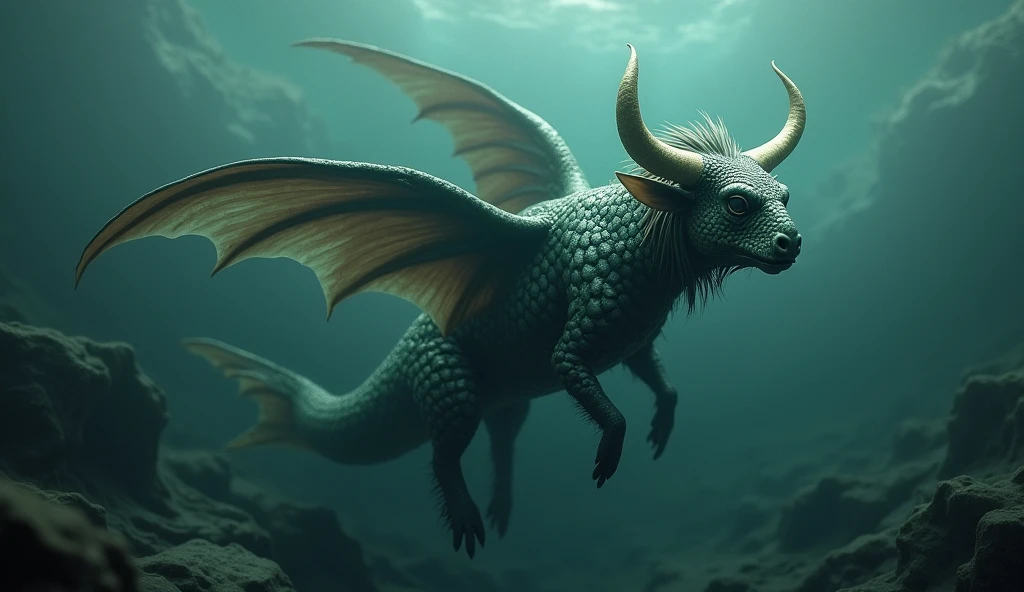 There is a creature in the water with a bull's head, a fish's body, and a snake's tail.,Wings growing from the ribs(best quality,4K,8k,High level,masterpiece:1.2),Ultra Detailed,(lifelike,Photo real,Photo real:1.37)