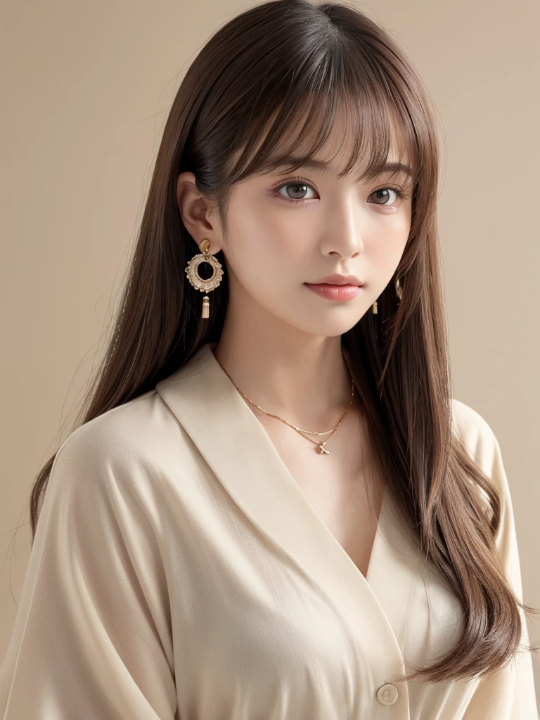 ((Highest quality, 8k, masterpiece:1.3)), concentrate: 1.2, Perfect body beauty: 1.4, Hips: 1.2, ((Long Hair, chest: 1.2)), (Dry clothes: 1.1) , (clear, Simple Background:1.3), Simple clothes: 1.1, Highly detailed face and skin texture,Delicate eyes, double eyelid, Whitened skin, Rough skin、Long Hair、bangs、Simple earrings、necklace、 solo、Beige coat、White shirt, (((Cute and beautiful Japan)))、 ((Beautiful 20-year-old Japanese))、 ((Baby Face))、 (((Slender body)))、 Upper Body,Face focus、necklace,Simple Background,From above, Realistic Hair、 A photograph was taken:Canon EOS R6、135mm、1/1250 seconds、f2.8、ISO400、(Detailed explanation of the hand)、(Masseter muscle area)、(Exquisite CG)、Long Hair, loose and curly hair、Korean Hair、Long Hair明るいベージュ色、グラデーションハイライトグレージュのゆるふわLong Hairスタイル、