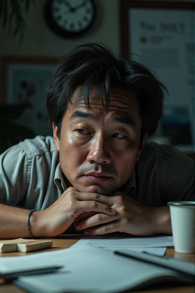 A person looking exhausted and drained by the end of the day. The person’s face should show signs of fatigue and weariness. In the background, there could be an office desk or home setting with scattered papers and a coffee cup. In one corner of the image, include text that says "Fatigue and Weakness: Solutions and Tips." This will clearly indicate that the image is related to managing fatigue and weakness.