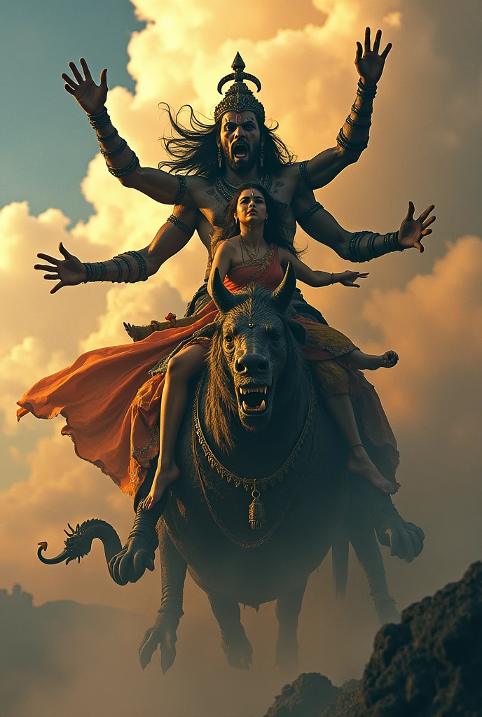 The Abduction of Sita:**
- Create an image of Ravana the demon with ten head carrying Sita away in his flying chariot as she cries out for help. Show the vastness of the sky and the despair on Sita's face as she is taken to Lanka in a dragon