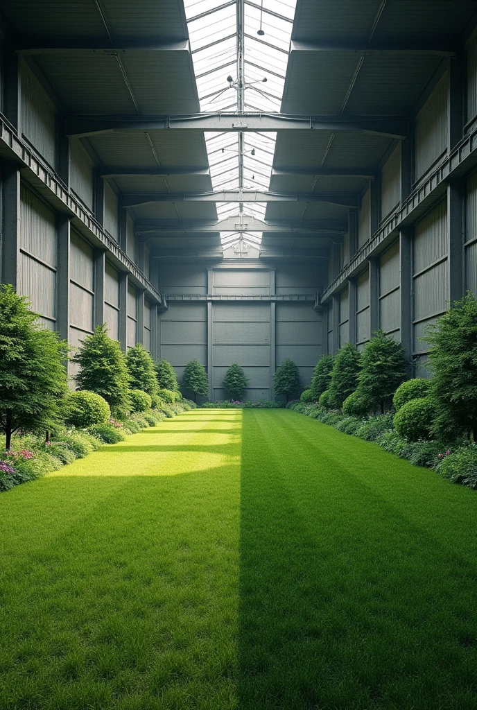 A 40 x 10 meter warehouse is divided vertically between grass and rubber for the gym