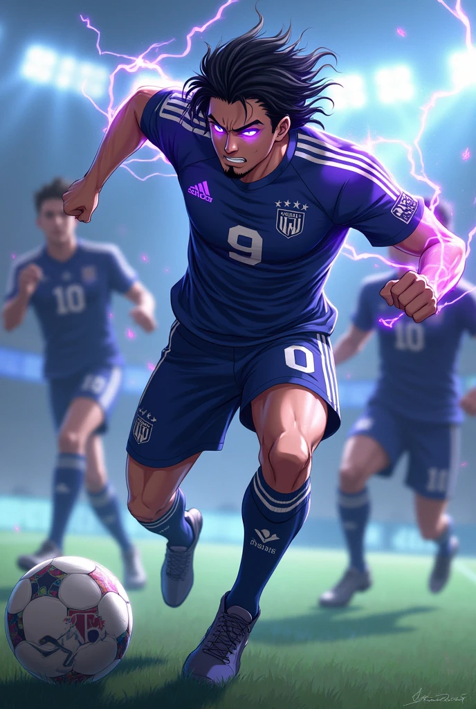 Create a football player with black wavy hair, wears a goatee and has the number 9 on his shirt, on his shirt it says ICE, he has in an action position dribbling another player shirt 10 with the name on the shirt MIT, make it in anime format, he is a serious player and he is 2, behind him there is a blurred field, His eyes glow purple and strands of energy come out, his face is the same as Sung Jin Woo&#39;s face