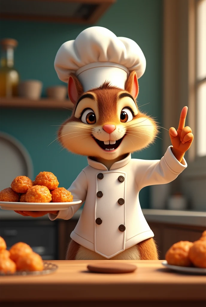 Chipmunks alvin wearing a chief suit in the kitchen, and presenting coxinha, dont include his whole body just half and he was like presenting the food, his one arms holding the plates of coxinha and his one arm is like in the air its just like raising his hand 1 finger