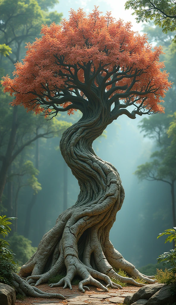 A towering ancient Tree of Life sculpted from cracked and weathered stoneware, standing in a mystical grove bathed in soft sunlight. Delicate branches are crafted from smooth white porcelain, reaching towards the heavens, adorned with leaves of glazed pottery in shades of emerald green, sapphire blue, and ruby red.